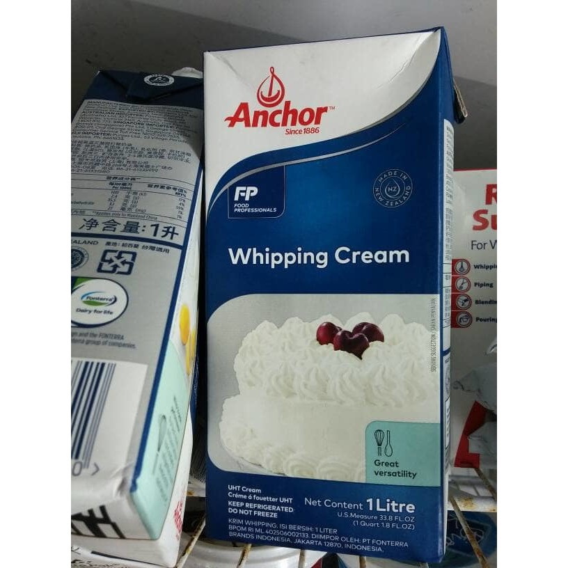 

ANCHOR WHIPPING CREAM 1LTR, CREAM CAIR DAN KENTAL CAMPURAN MAKANAN/MINUMAN DLL