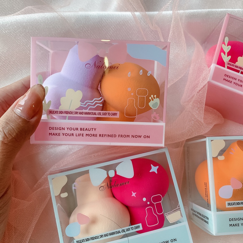 [016] spons makeup jamur 2 in 1 , beauty blender bulat gagang makeup tools premium