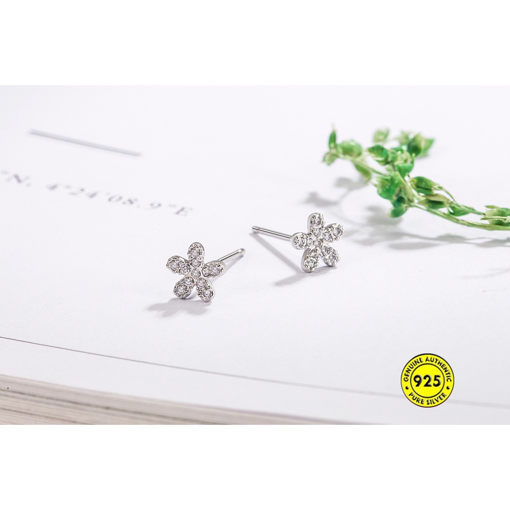 Anting Tusuk Sterling Silver 925 Desain Bunga Hias Berlian Imitasi Untuk Wanita