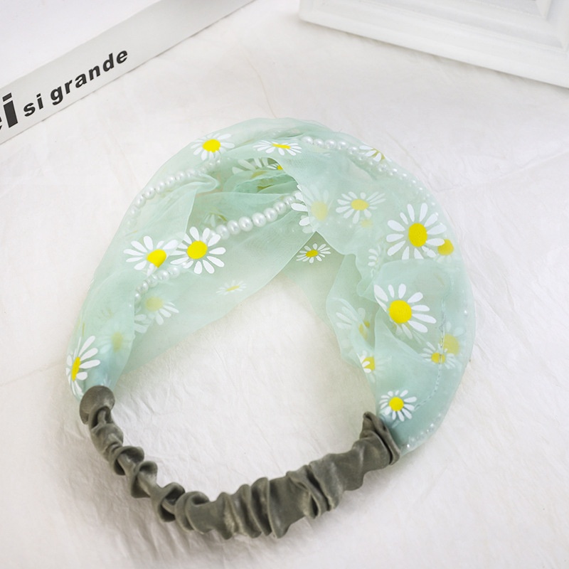 Bando Bahan Sifon Bandana Korea Chiffon Motif Bunga Daisy Untuk Aksesoris Rambut Wanita Mesh Twist Knot Wide Headband