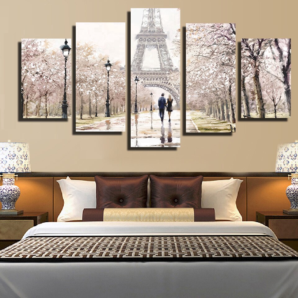 modern romantic landscape wall art poster prints on canvas 5pcs lover walks  under the eiffel tower for living room home decor
