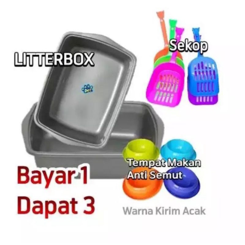 Bak Tempat Pasir Kotoran Kucing + Tempat Makan GRATIS Sekop Paket Hemat 1set murah