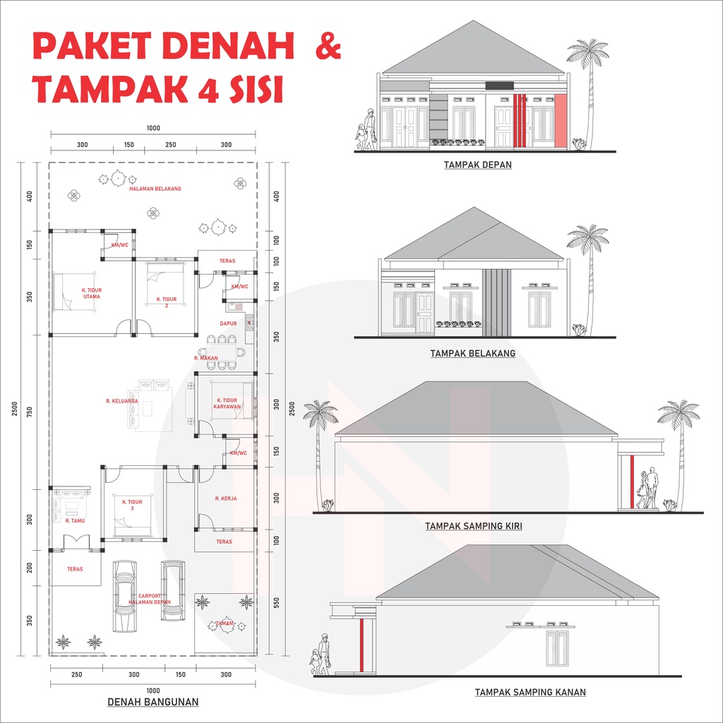 Jual Paket Murah Jasa Denah Gambar dan Tampak 4 sisi 2D Arsitek