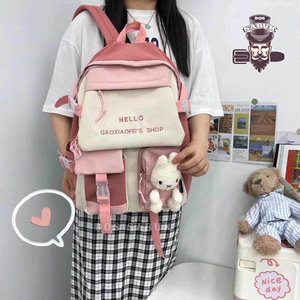 Tas Sekolah Korean Style Tas Ransel Wanita Backpack Korea Fashion Tas Wanita  -BS184-Pink Boneka