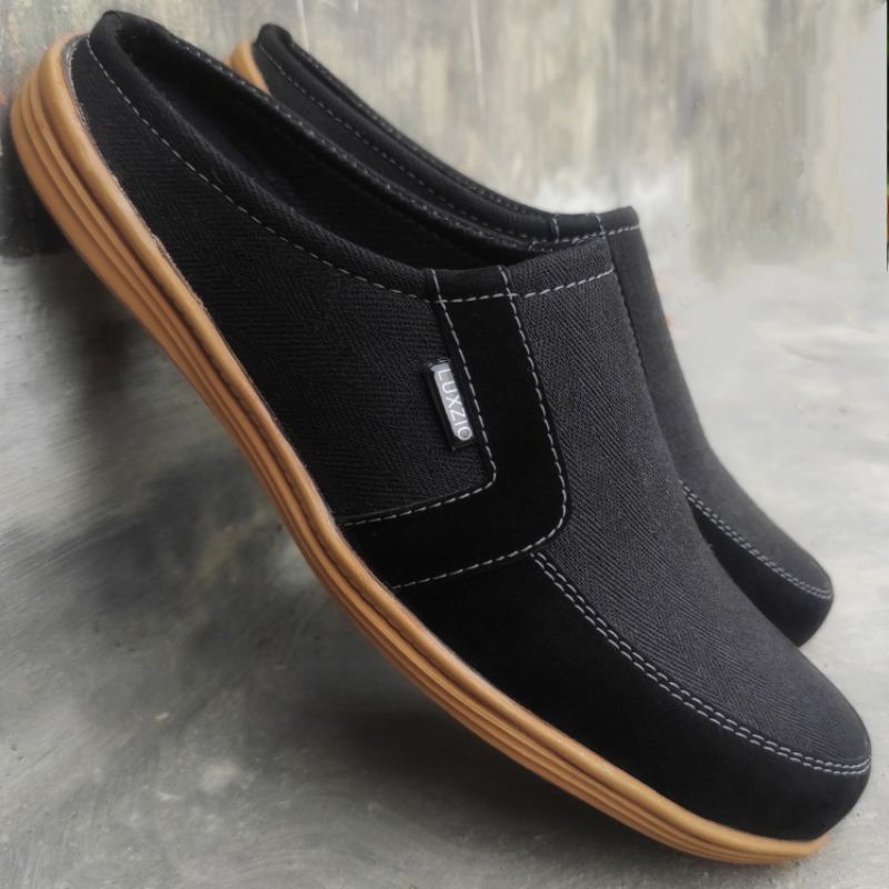 Bustong Pria Kulit Sandal Sepatu Slop Selop Slip On Kasual Kanvas Suede Karet Premium