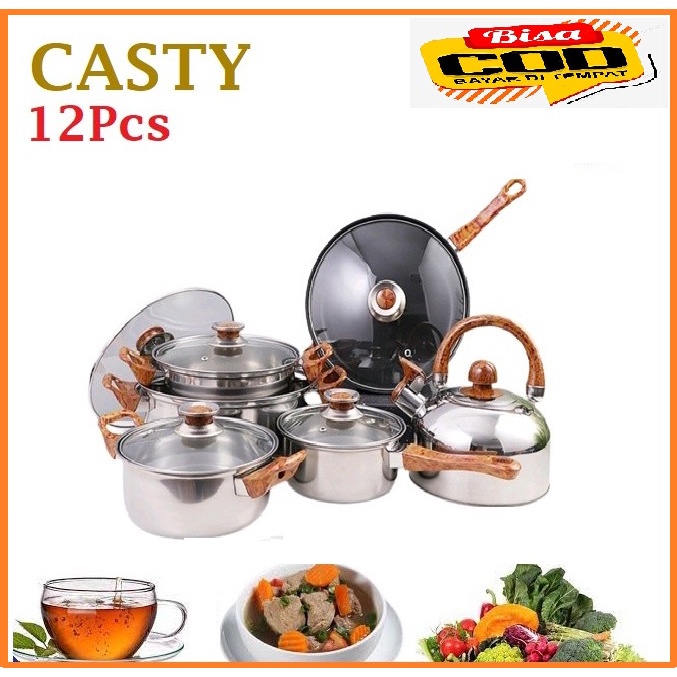 Panci Set Serbaguna Casty 12pcs Original Dengan Body Stainless Panci-set