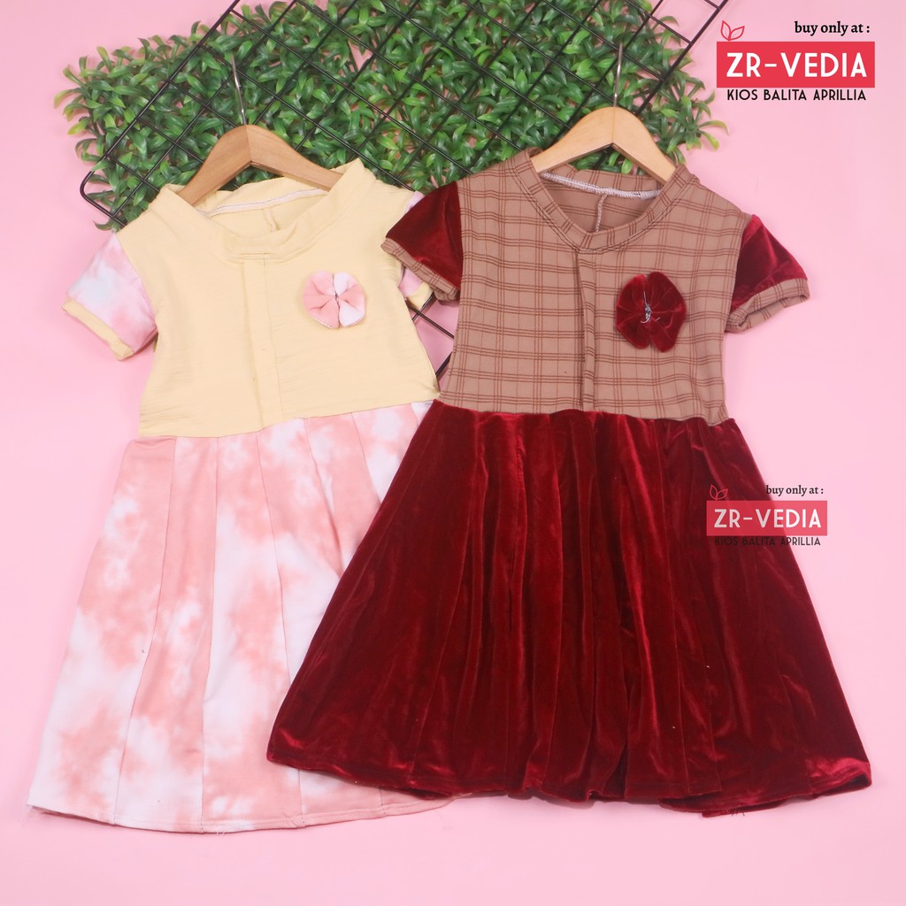 Dress Maudy Size 3-4 Tahun / Dres Anak Perempuan Murah Baju Cewek Gaun Lengan Pesta Import Motif