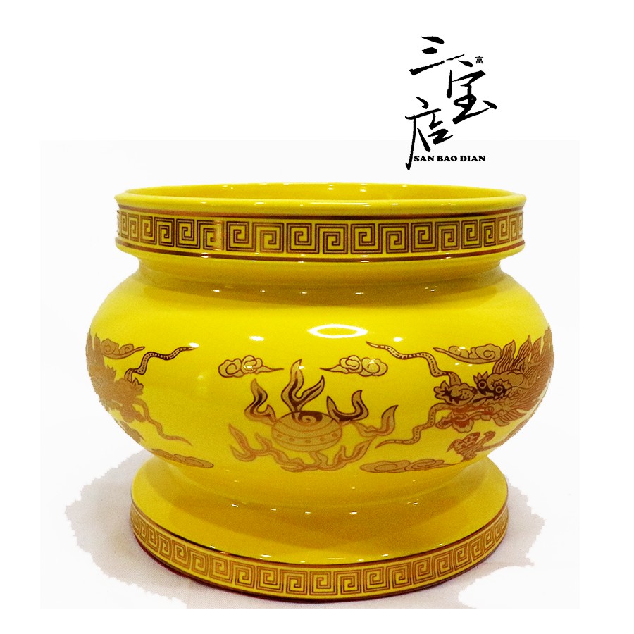 Hiolo keramik bulat 8 inch warna kuning motif naga / Tempat Dupa / Hiolo / hio lou / San Bao Dian