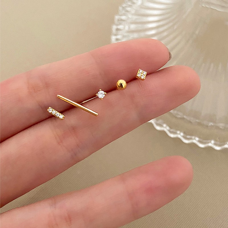Set 5pcs Anting Tusuk Lapis silver Dengan Batu Zircon Mini Untuk Wanita