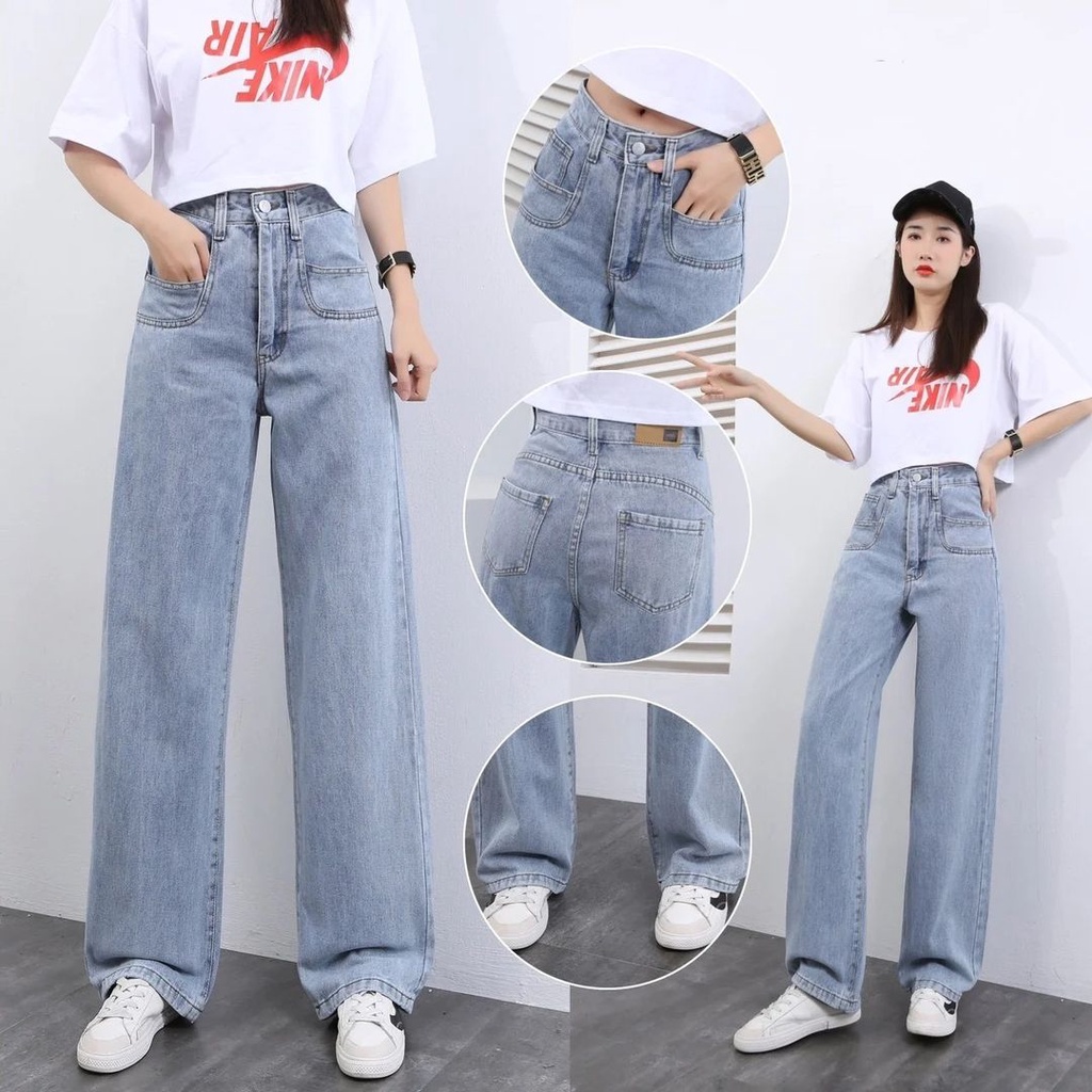 MAGCUN- Celana Panjang Denim Pinggang Tinggi- Jeans wanita high- Waist Gaya Korean Loose Amelia