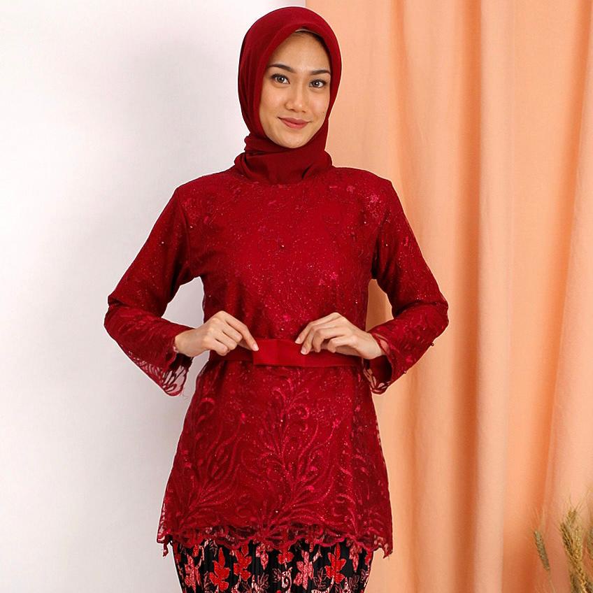 (DIJAMIN REALPICT) Kebaya Manohara Tile Bordir Glitter + Mutiara Tunik Wisuda Kondangan Rok Plisket-MAROON ATASAN AJA