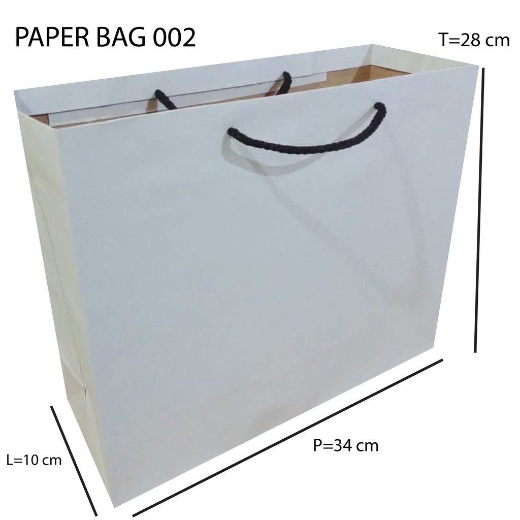 

Paper Bag Polos Putih Custom Bahan Kraft Ukuran PLT 34x10x28 Bertali Hitam Bagus Berkualitas Kuat