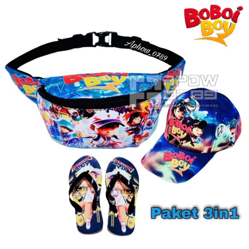 PAKET HEMAT 3IN1 TAS WAISTBAG ANAK + TOPI DAN SANDAL KARAKTER