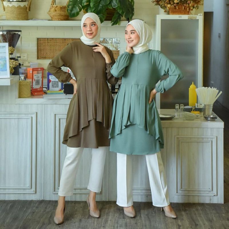 KHANSA TUNIK BLOUSE ATASAN KEMEJA WANITA BAHAN CREPE REMPEL BUSUI ONESET BUSANA MUSLIM CANTIK MURAH 
