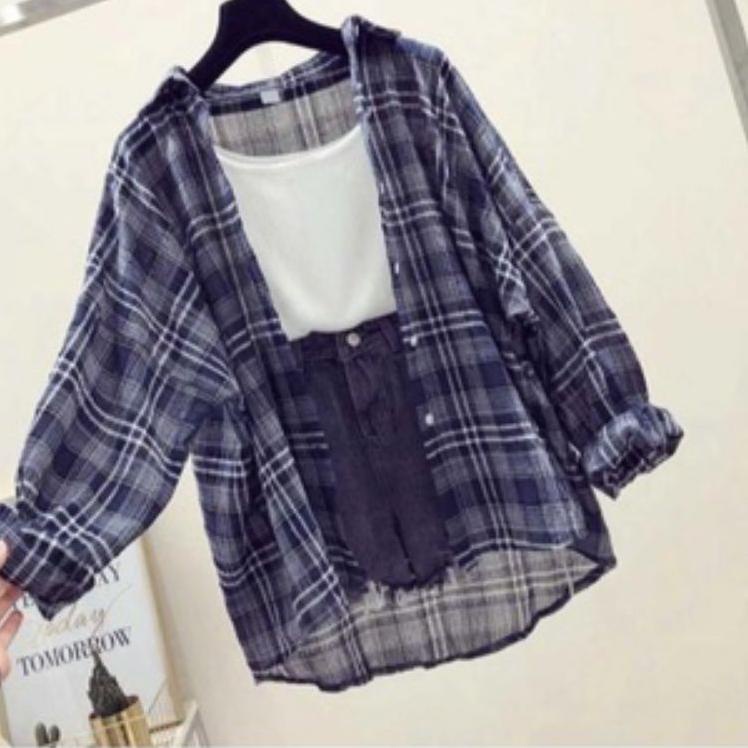 Harga Bersahabat.. BAJU ATASAN KEMEJA WANITA JUMBO OVERSIZE LD 100cm XL KOTAK KOTAK KATUN KOREAN STY