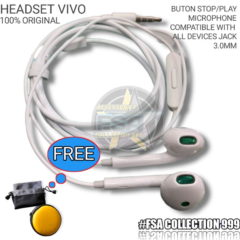 Headset Earphone vivo Asli Bawaan vivo Hi-Res Original 100% Jack Audio 3.5mm Free puck&amp;Sarung HP