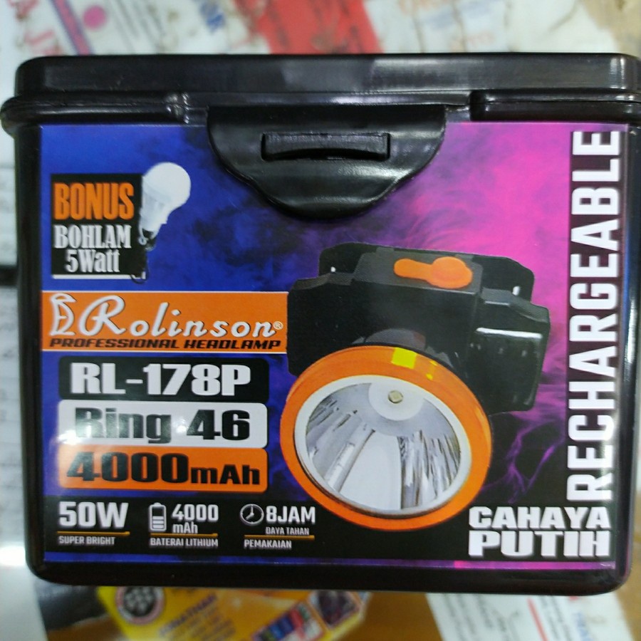 Lampu Senter Kepala Rolinson RL-178P Cahaya Putih Battery 4000mAh Rechargeable