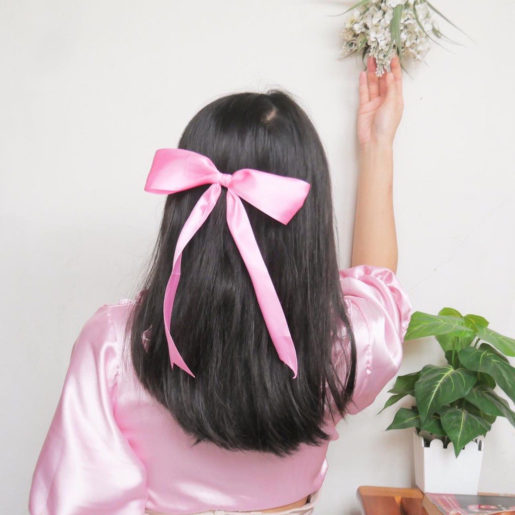 nadiSSE Karet Rambut Pita Princess Satin Warna Pastel Ukuran Besar Wanita Jepit Pita Satin Pink