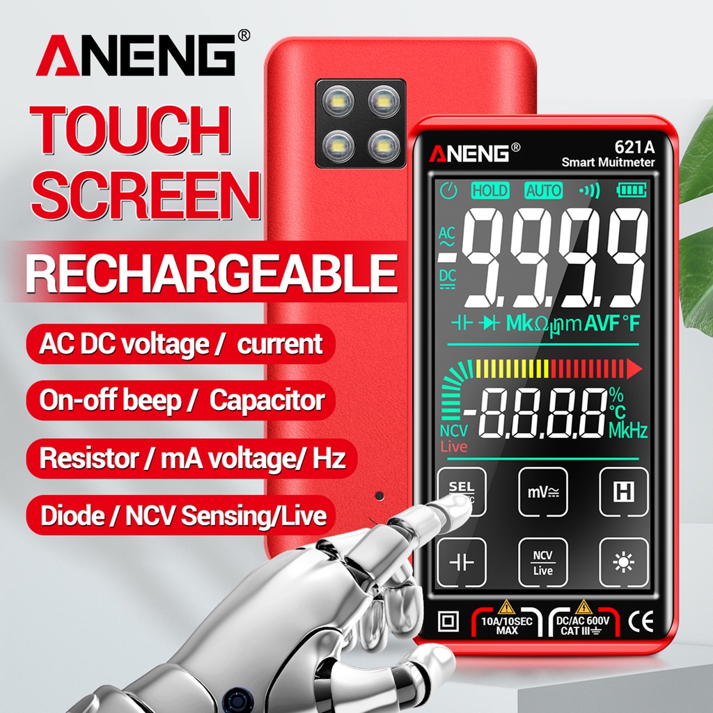 Aneng 621A Multimeter Digital Layar Sentuh 9999 Hitungan Otomatis Rechargeable Portable