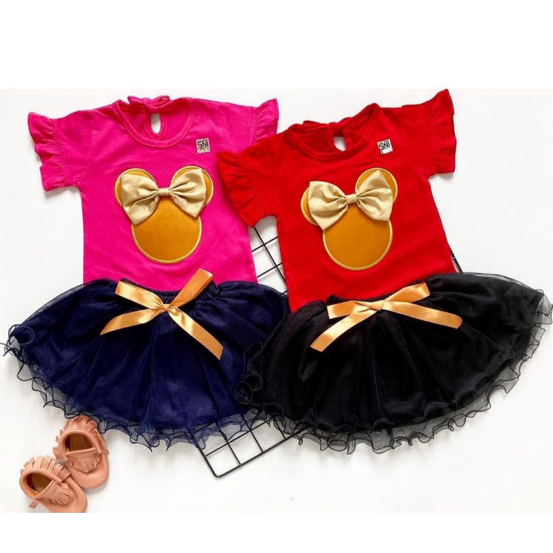 [0-18M] FREE BANDO !! Setelan Rok tutu gotik fashion anak bayi perempuan Pink Tutu TSUM TSUM POMPOM MINNIE MOUSE FREE BANDO/ hampers gift baby girl / setelan rok tutu bayi premium megar