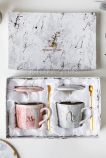  Gelas  Cangkir Mug Keramik  Marble Marmer MR MRS Couple  Set 