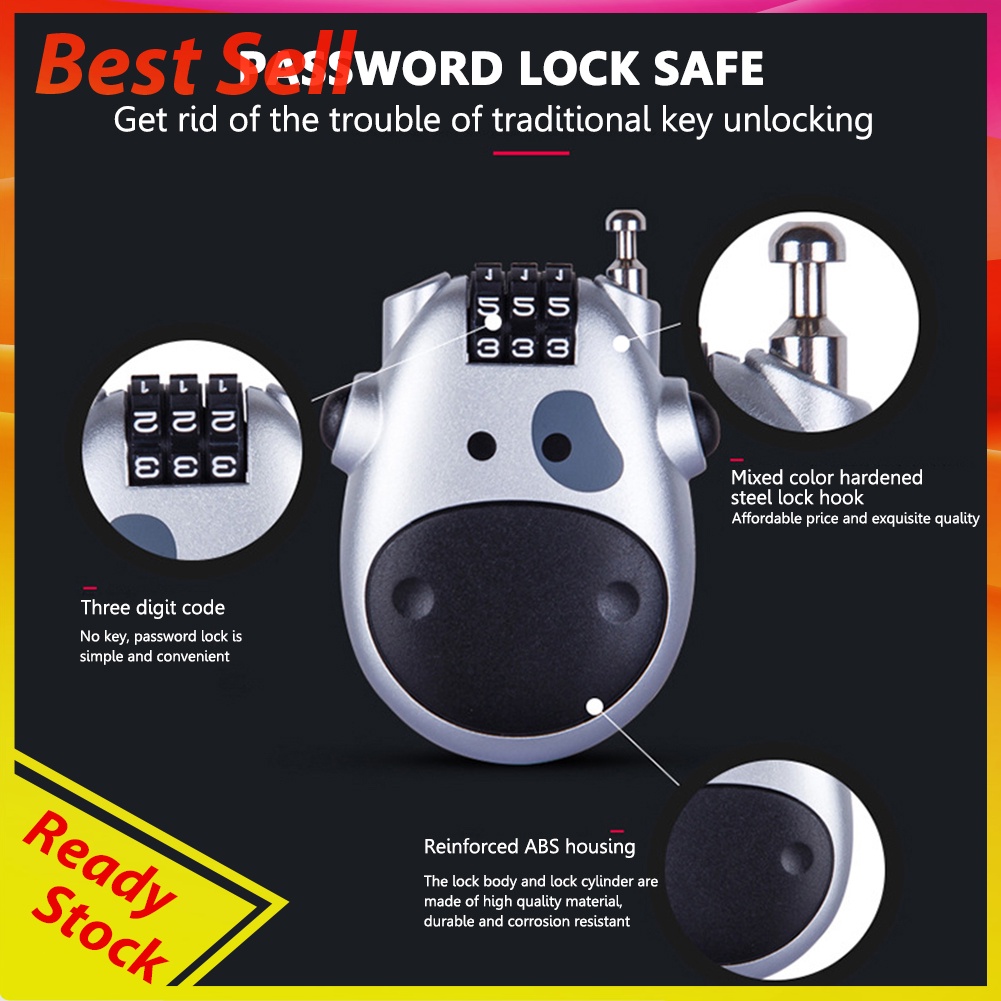 Cartoon Cow Anti Theft Bicycle Helmet Password Lock Portable Bike Padlock