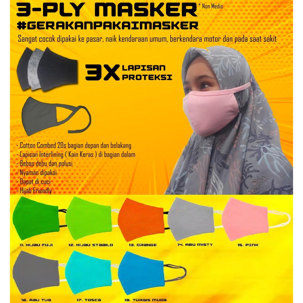 3 Ply Masker Dewasa Polos Kain Katun 99,9%  Model Earloop, Hijab &amp; Headloop ATM - Non Medis