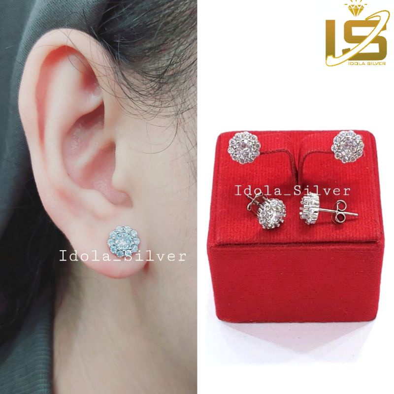 ANTING TUSUK PERAK ASLI SILVER WANITA 925 LAPIS EMAS PUTIH MODEL GIWANG BUNGA PERMATA - PERHIASAN PERAK WANITA ASLI