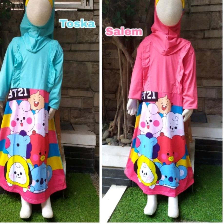 DN - GAMIS ANAK PRINTING SET HIJAB 2-10 TAHUN/ BAJU MUSLIM NGAJI ANAK PEREMPUAN MOTIF BTS BT21