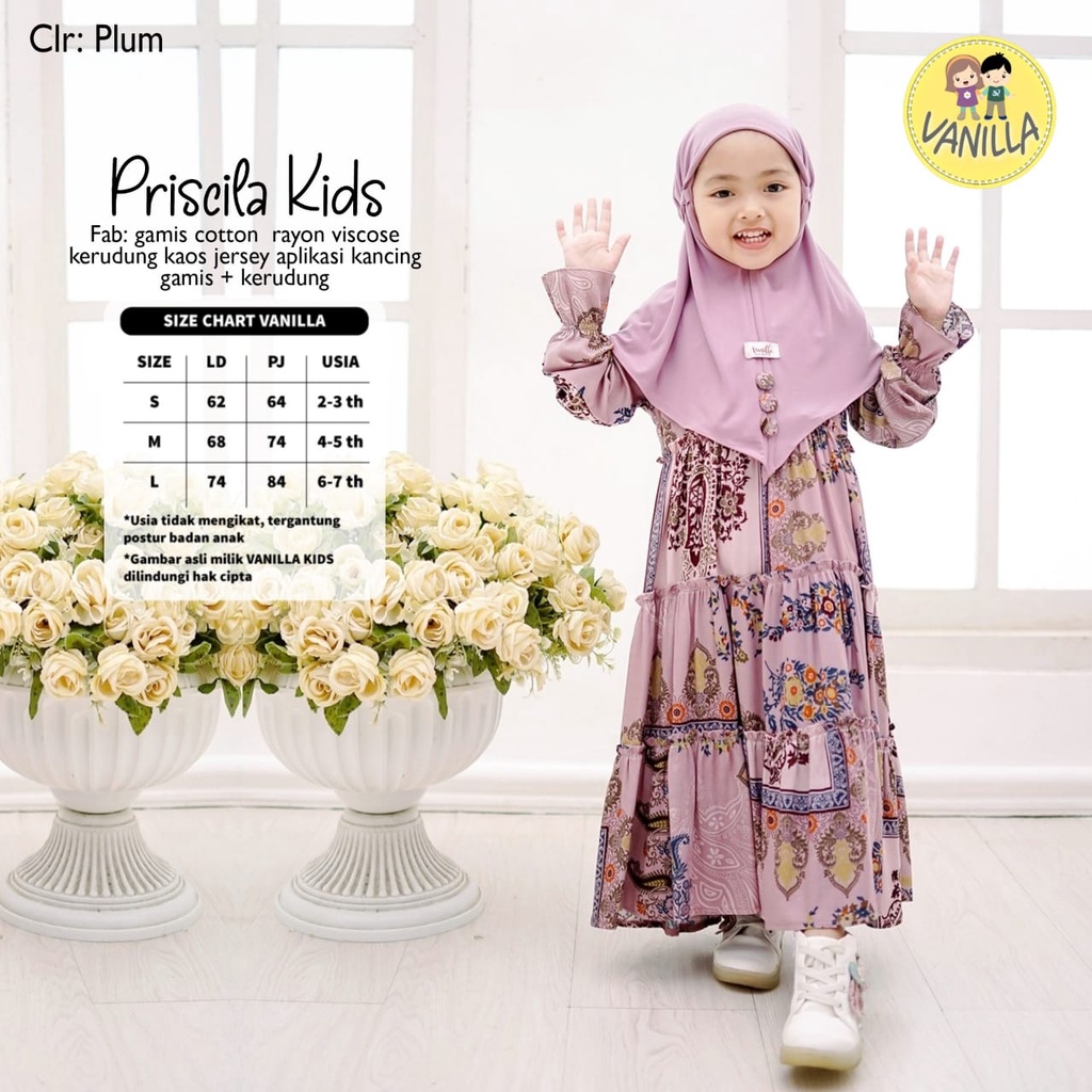 GAMIS KIDS prisilla  SYARI KIDS ORI vanila / DRES ANAK COTTON LD 62  - 74 FREE JILBAB  ORIGINAL 100%