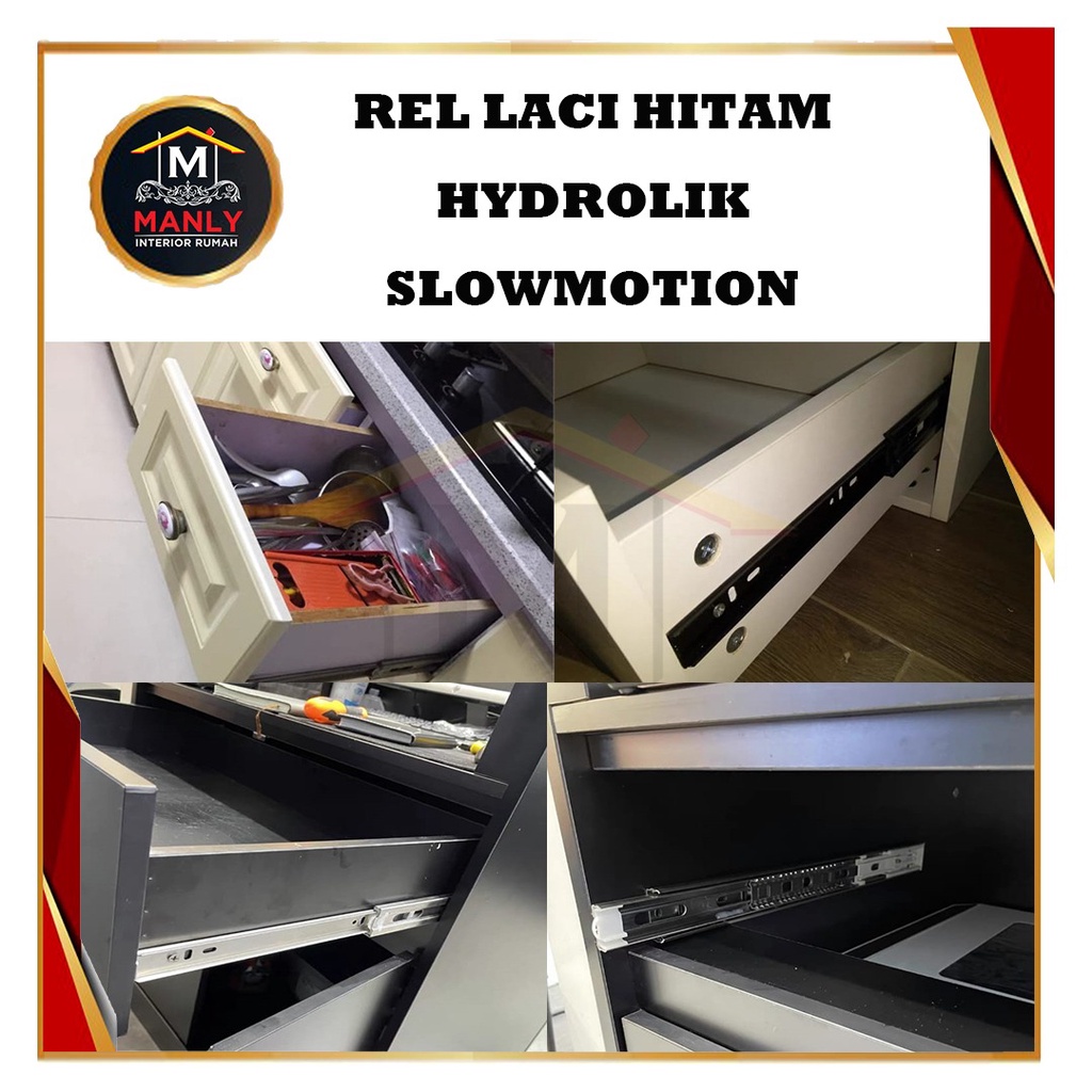 Rel Laci Hitam 45 cm Hydrolik Slowmotion Full Extention 45 mm  Isi 1 set (2 pcs)