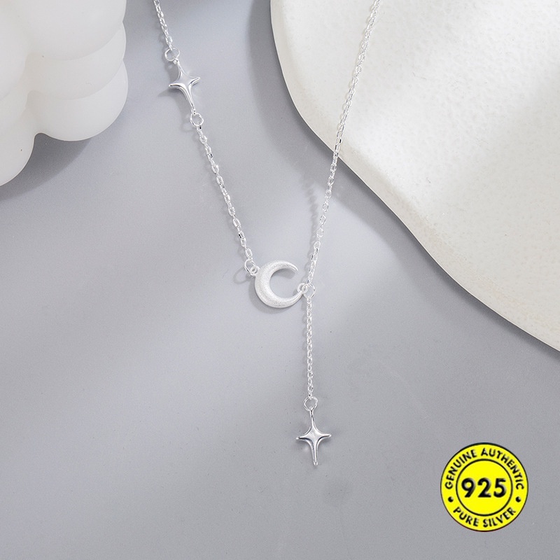 Kalung Rantai Sterling Silver 925 Dengan Liontin Bulan Sabit + Rumbai Untuk Wanita