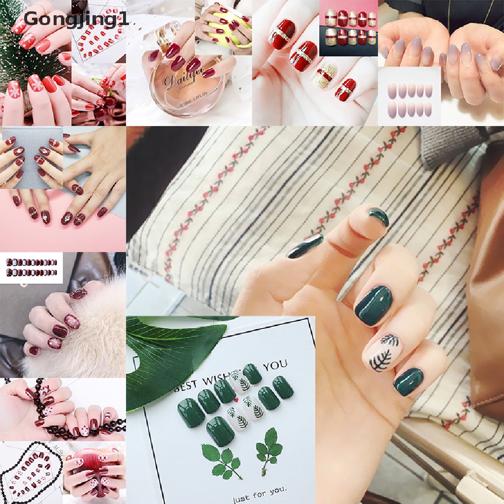 Gongjing1 Stiker Kuku Palsu Full Cover Bahan Akrilik Reusable Untuk Nail Art