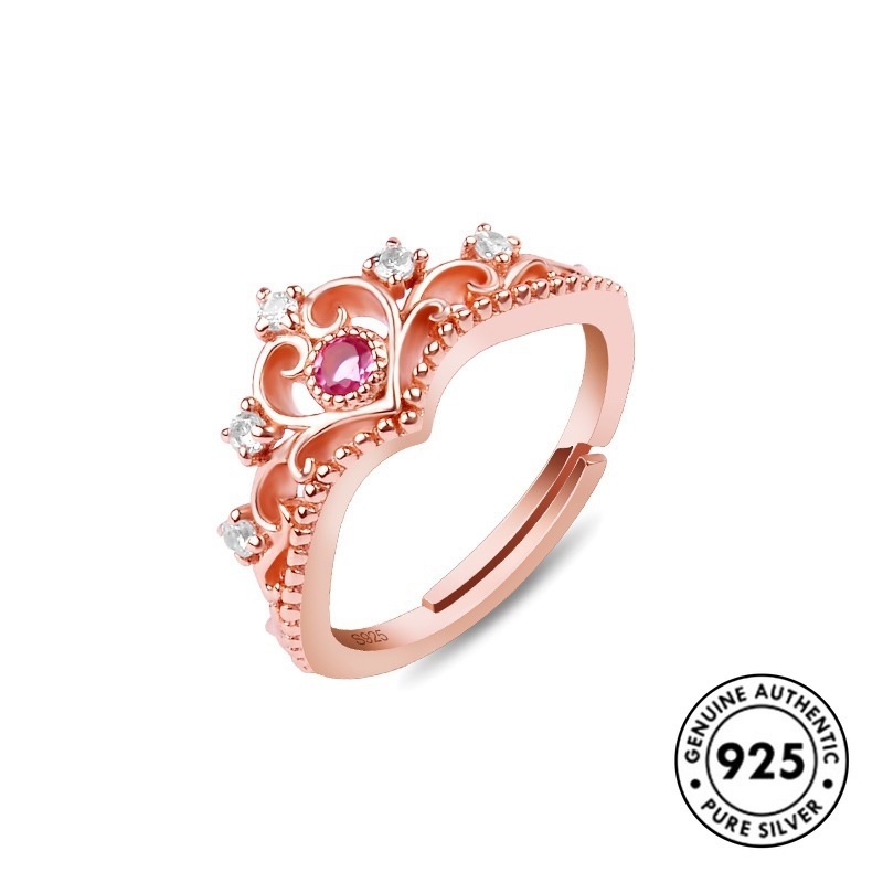 Cincin S925 Silver Rose Gold Bentuk Mahkota Aksen Berlian