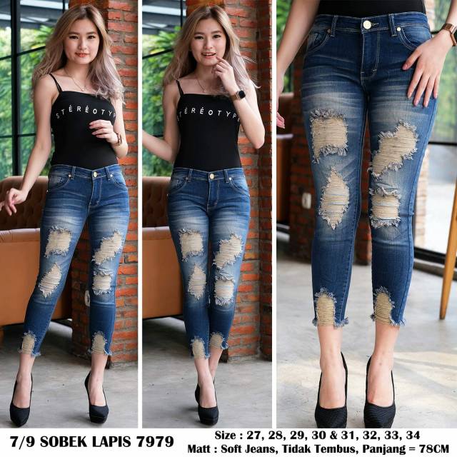7979 SOBEK LAPIS JEANS WANITA 7per9 Stretch Jumbo Ada Lapisan