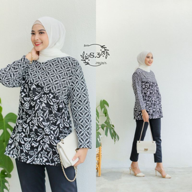 Atasan Batik Wanita Modern / Blouse Batik Kombinasi Mosscrepe Size M, L, XL ( ORIGINAL )