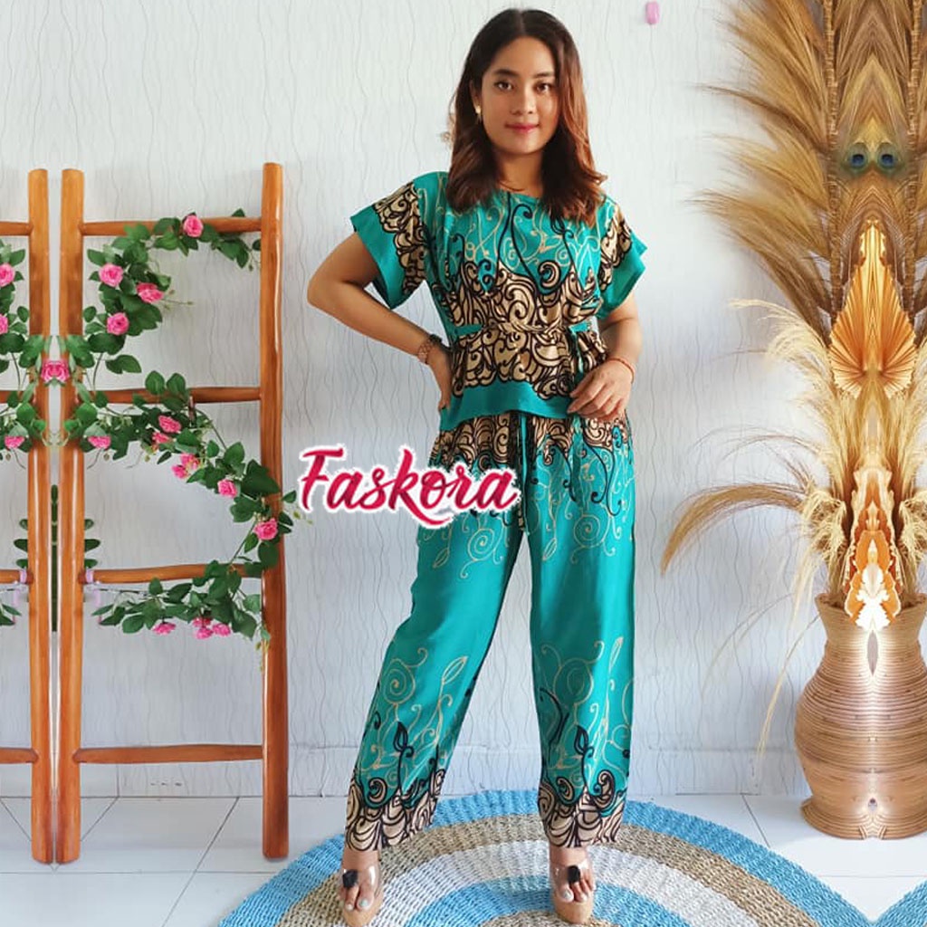 Piyama Rayon Jumbo Lengan Pendek One Set Wanita Kekinian Remaja Pajamas Polos Kombinasi Auristela-Jodha 2 Hijau