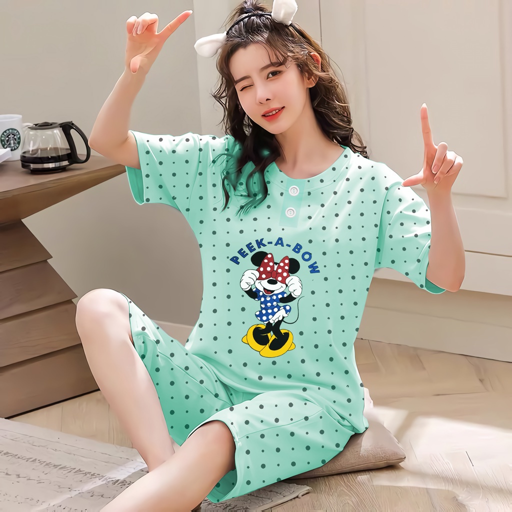 Lilipop.id  Baju Tidur Wanita 3/4 All Size Standar Peek a Bow Setelan Piyama BabyDoll Kaos Celana Pendek