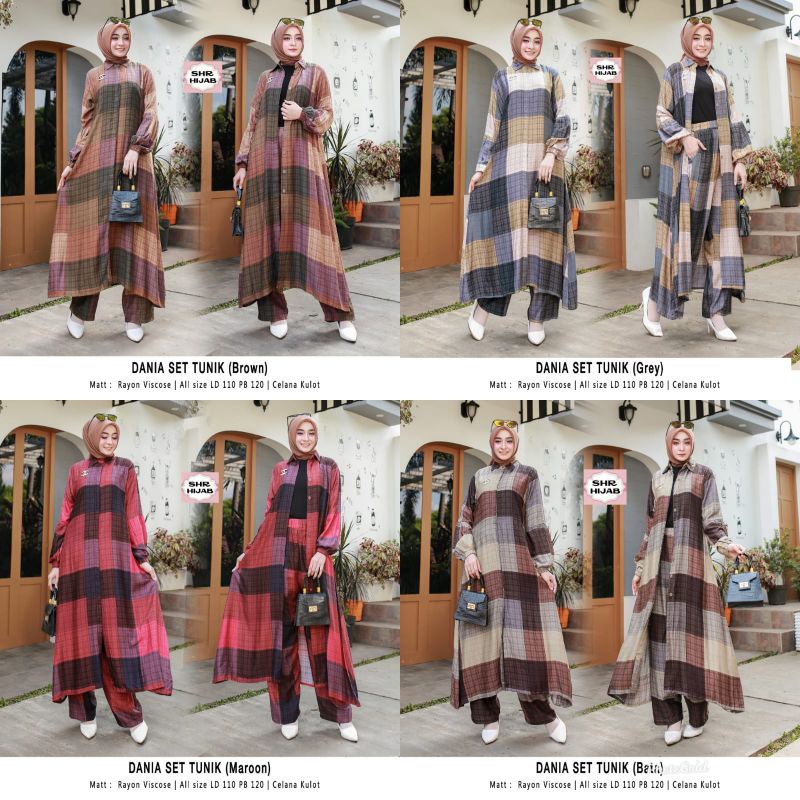Dania set 1 dan 2 setelan long tunik rayon viscose full kancing celana kulot