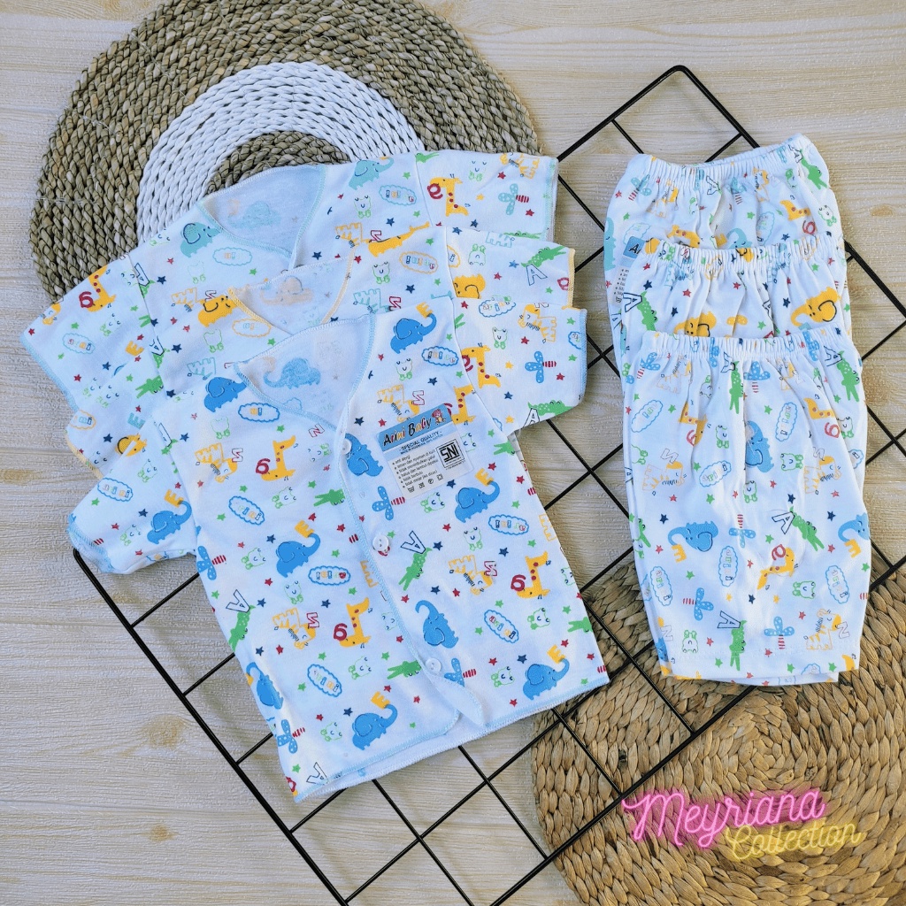 6 PCS Baju Celana Bayi Baru Lahir Setelan 3 Baju Bayi Pendek 3 Celana Pendek Motip Bayi Newborn 0 - 3 Bulan Meyriana Collection