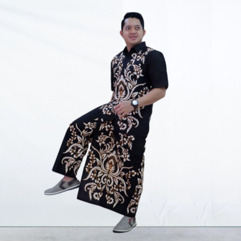 Kemeja Batik Pria Lengan Panjang Pendek Setelan Celana Sarung Dewasa Baju Cowok Modern Motif Daun Ce