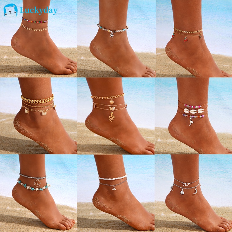 YEEZII Gelang Kaki Multilayer Liontin Kupu-Kupu Hati Manik-Manik Mutiara Gaya Bohemian Retro Untuk Wanita