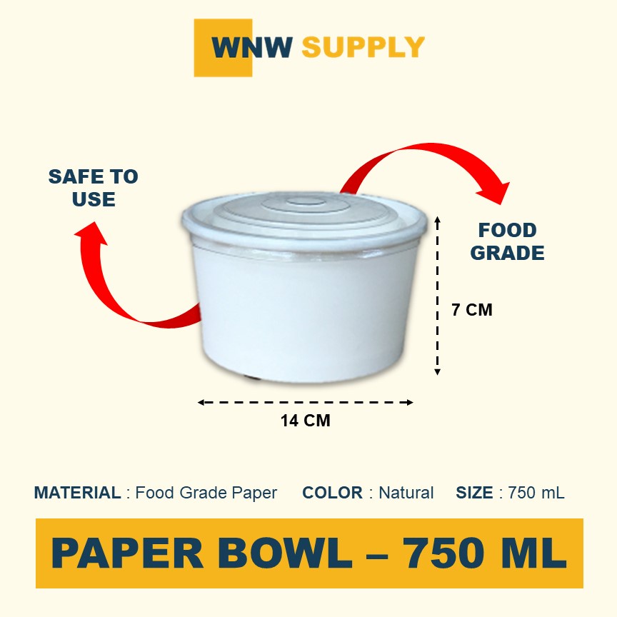 Paper Bowl 750ml Plus Dengan Tutup Wadah Cup Mangkok Tempat Makanan Rice Bowl Kertas Tahan Panas