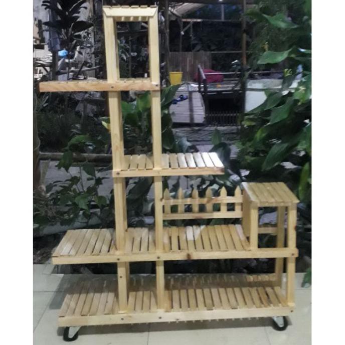 Rak Tanaman Rak Bunga Roda Kayu Solid Jati Belanda Minimalis Sonbokshop