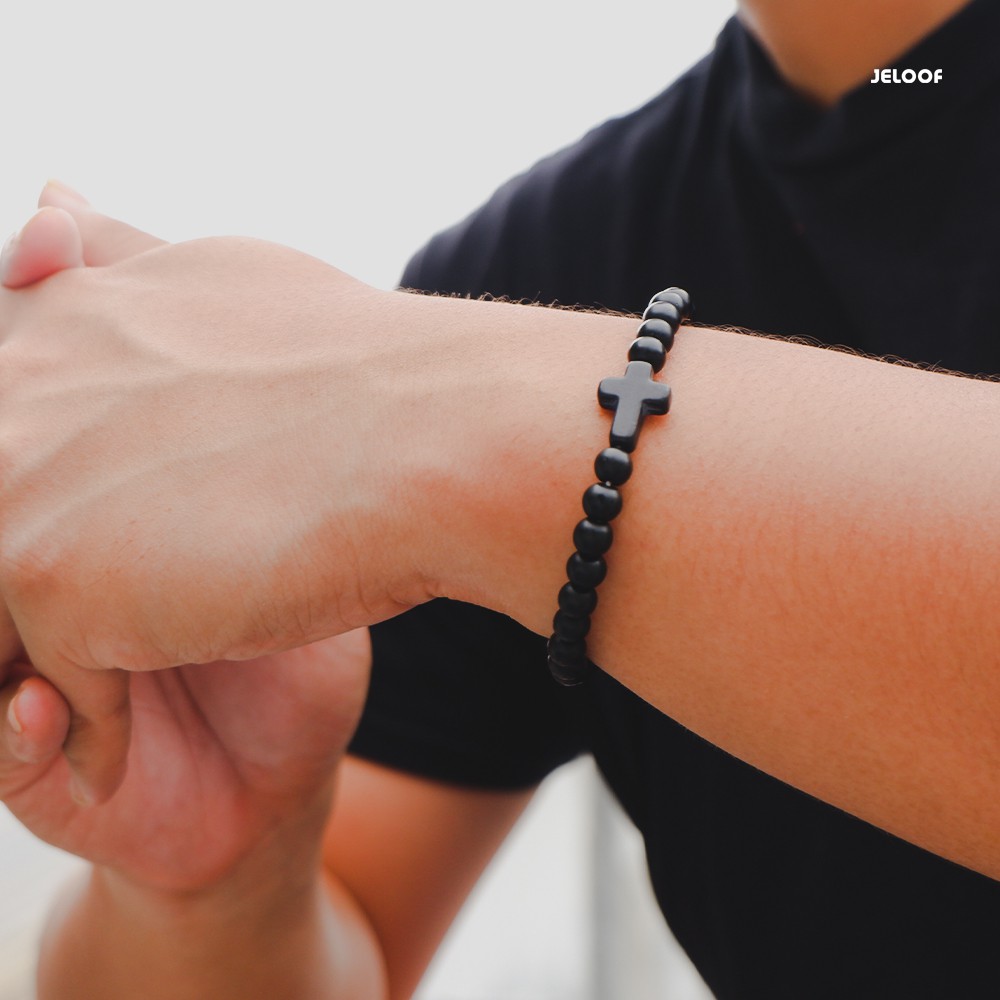 Jeloof Gelang Salib 'AGAPE' Black New Version - Gelang Wanita Gelang Pria Gelang Batu Gelang Hitam