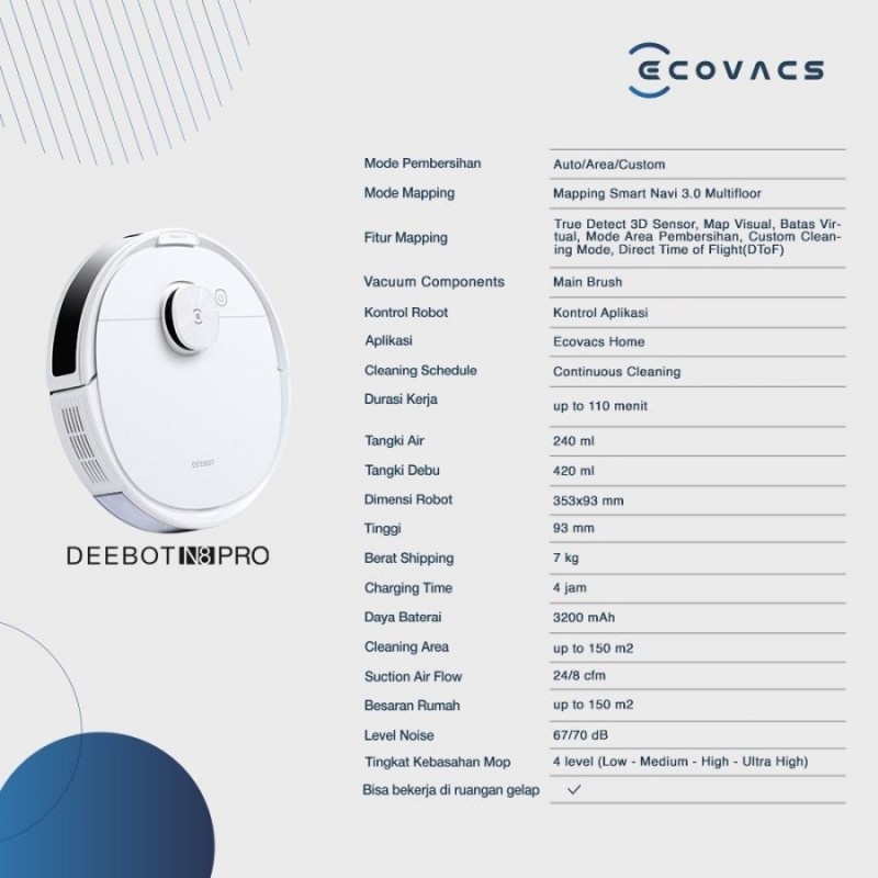 Ecovacs DEEBOT N8 PRO + Auto Empty Station Robot Vacuum Cleaner Pel