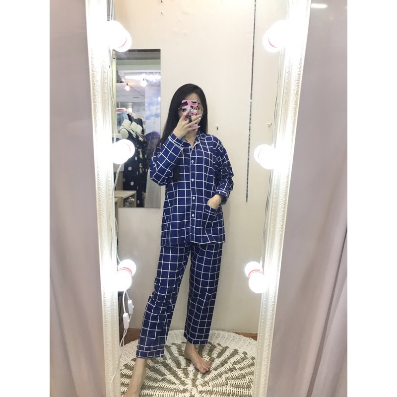 piyama/pajamas kotak&quot; PP katun navy murah.homewear/sleepwear/bajutidur cwe PP tartan biru kekinian