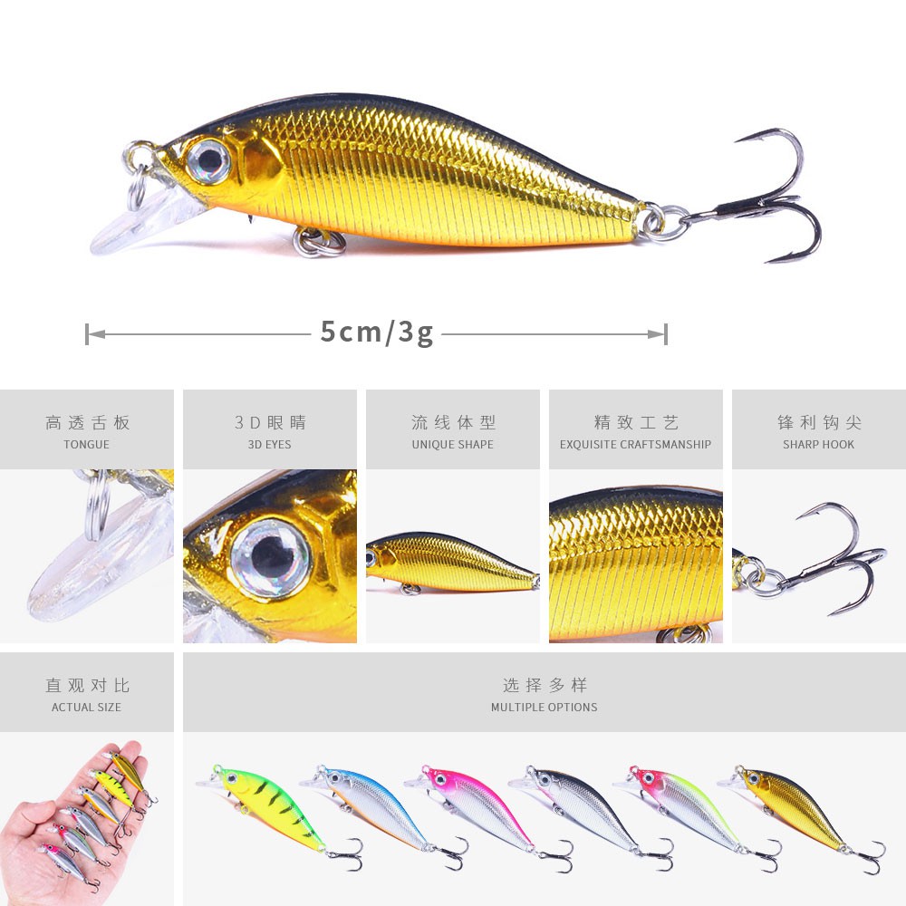 HENGJIA 1Pcs NEW Sinking Minnow Umpan Pancing 50mm 3g Fishing Bait 3D Eyes Swimbait Fishing Lure