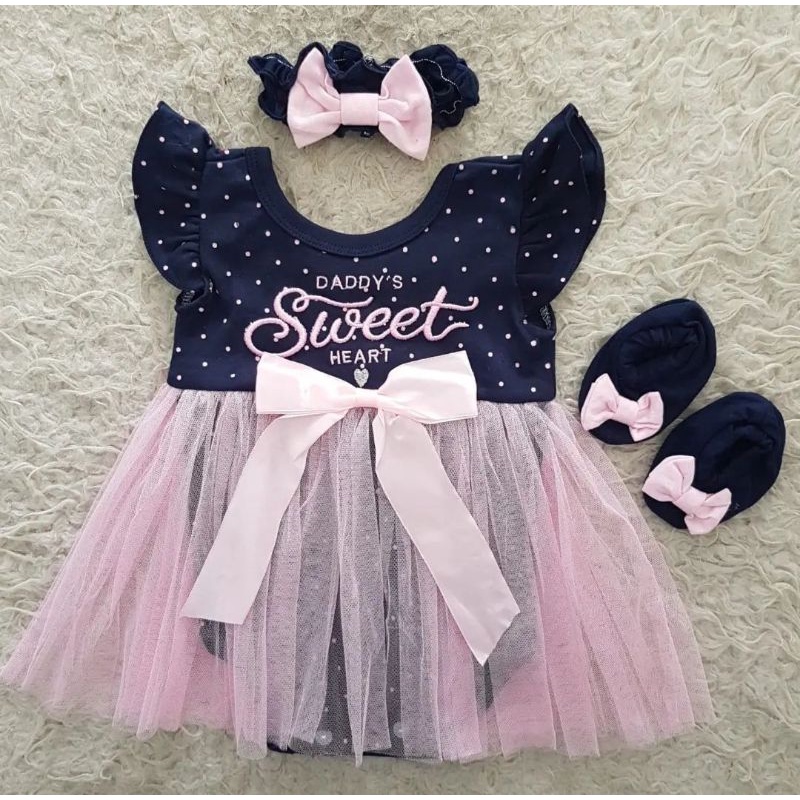 Baju bayi cewek Setelan jumper dress 0 6 bulan set sepatu bando