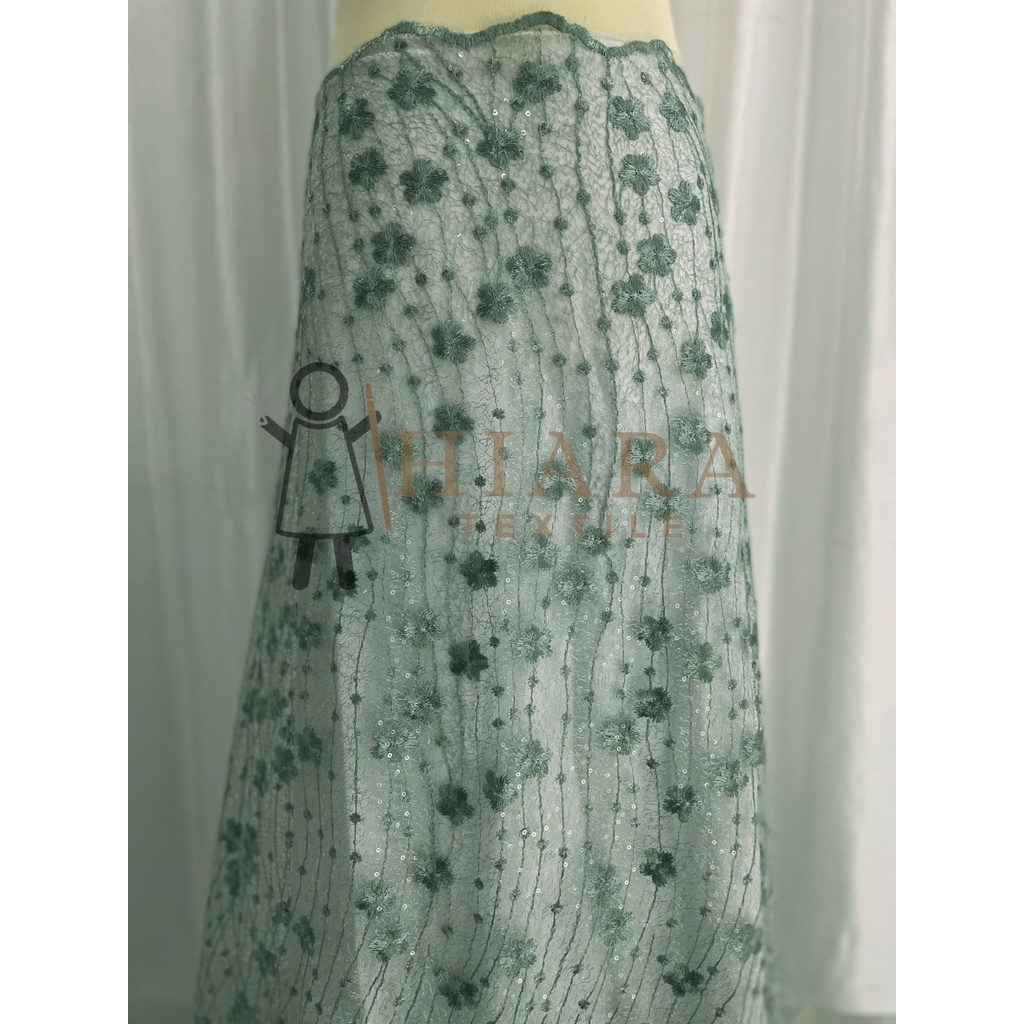 Kain Tile Spider Semanggi Aksen Sequin Warna Mint/Bahan Kebaya Tile HARGA PER/0,5M